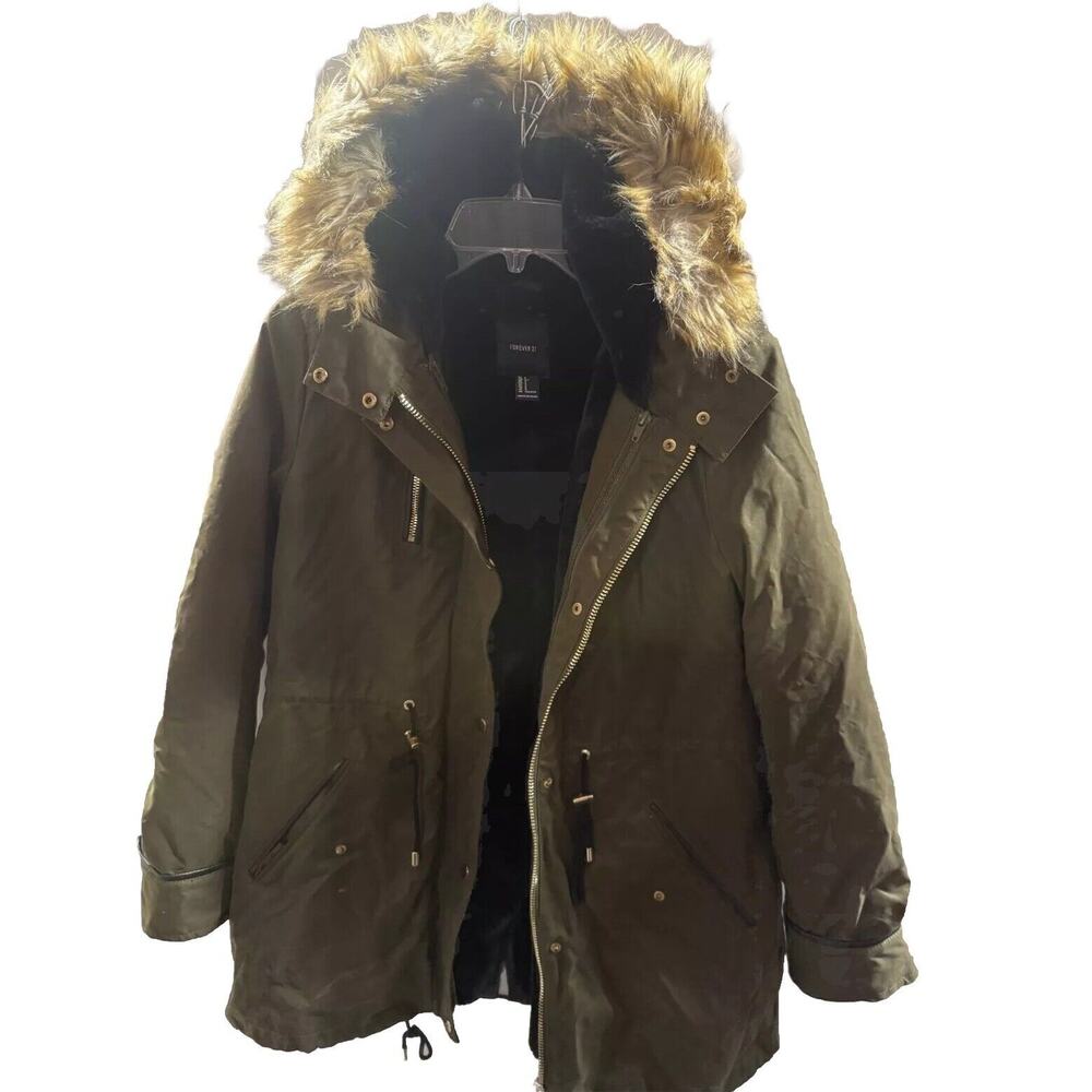 FOREVER 21 Parka Coat Womens Small Green Faux Fur Hooded Snap Front Inside Zip